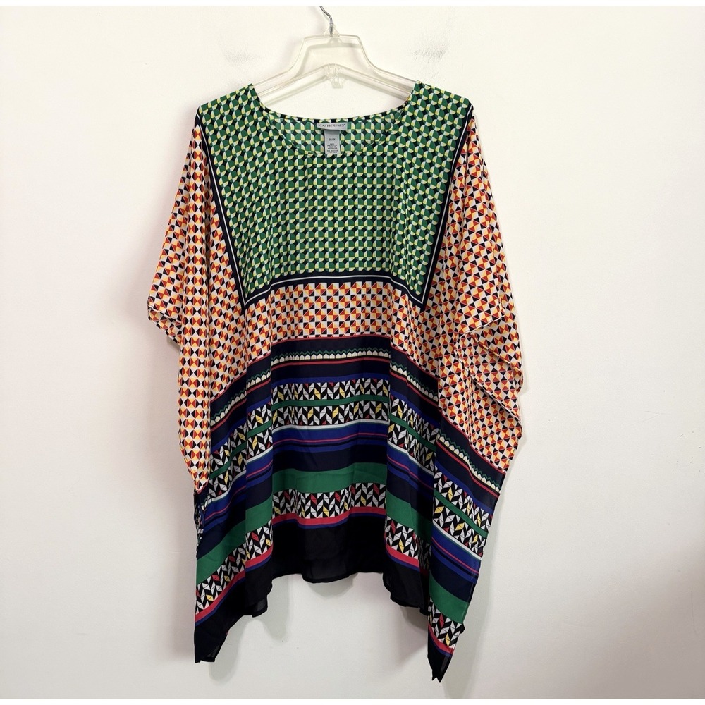 Catherines Kaftan Blouse 0X/1X‎ Plus Multicolor Geometric Print Pullover NEW